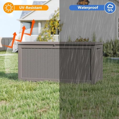 320 Gallon Deck Boxes Outdoor Waterproof, Outdoor Storage Box with Lockable Lid & UV-Resistant for Patio Furniture, Outdoor Cushions, Garden Tools and Pool Supplies, Light Brown - Image 2