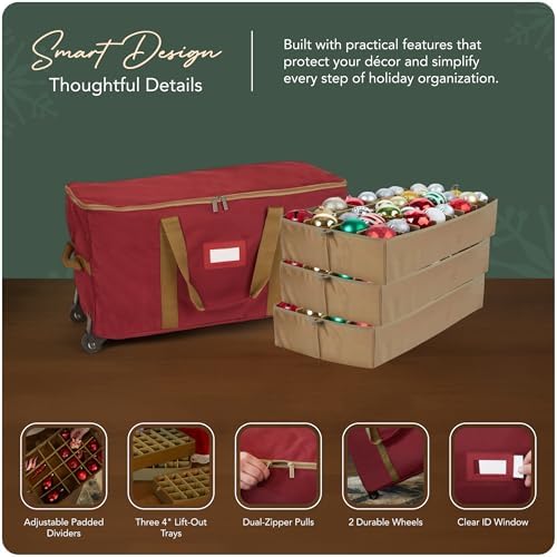 Covermates Keepsakes Rolling Adjustable Ornament Storage Bag – Heavy-Duty Polyester, FlexGrid Trays & Padded Dividers – Protective Holiday Organizer with Wheels, Handles & ID Window, Red - Image 4