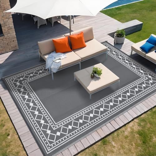 GlowSol 10x20 Outdoor Rug Waterproof Reversible Patio Carpet, Plastic Straw Camping Rug for RV Backyard Deck Beach Stain Resistant Foldable Indoor Outdoor Floor Mat Decor, Grey/White - Image 3