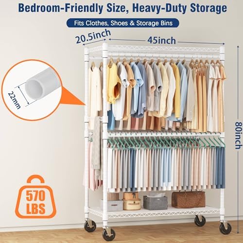 Homdox Heavy Duty Rolling Clothes Rack, Adjustable Clothing Rack for Hanging Clothes, Portable Closet Rack with 4 Hanging Rods, 2 Storage Shelves, 45" W x 20.5" D x 80" H, White - Image 2