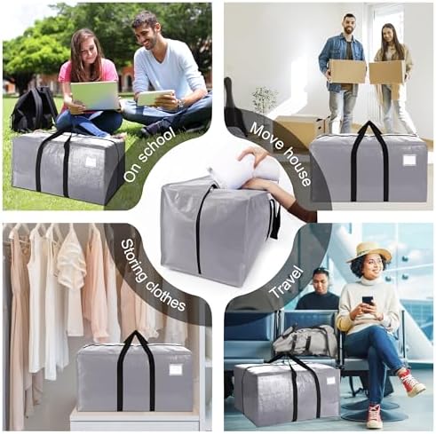 VELVETSURE 12 Pack Heavy Duty Extra Large Moving Bags W/Backpack Straps - Strong Handles & Zippers, Storage Totes For Space Saving, Fold Flat, Alternative to Moving Box and Storage Bin, Silver - Image 6