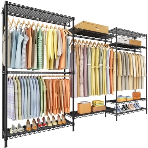 Ulif E13 Max Heavy Duty Clothes Rack（With 4 Hanger Rods & 8 Shelves） Freestanding Clothing Racks for Hanging Clothes，Adjustable Closet，Metal Garment Rack 86" W x16 D x77 H，Max Load 1100LBS，Black by Ulif
