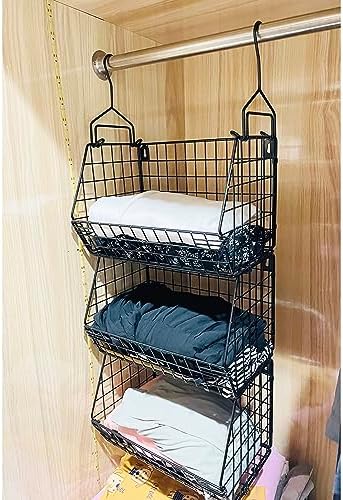 3 Tier Hanging Foldable Wire Baskets Closet Organizer Clothes Shelves Countertop Caddy Bin Wall Mount Shelf Storage Basket for Clothing Handbags Snacks Drinks Fruits - Image 5