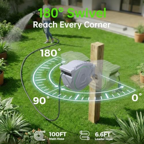 Retractable Garden Hose Reel, 5/8in 100 ft Hose Reel with 9 Patterns Nozzle - Image 6