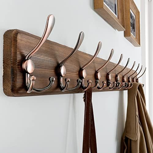 SKOLOO Coat Rack Wall Mounted - 38.6" Long, Wooden, Heavy Duty, Rustic Coat Hooks for Wall, Coat Rack with 10 Triple Hooks for Hanging Clothes, Jacket, Hat(Brown & Retro Red) - Image 3