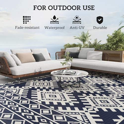 Outsunny Outdoor Rug for Patio Waterproof 9' x 12' Blue & White Rhombus - Image 6