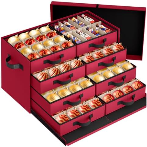 StorageRight Christmas Ornament Storage Box - Ultra Large Drawer Ornament Organizer with 8 Separate Trays & Adjustable Dividers, Portable Ornaments Box with Cover & Handle for Holiday Decorations(Red) by StorageRight