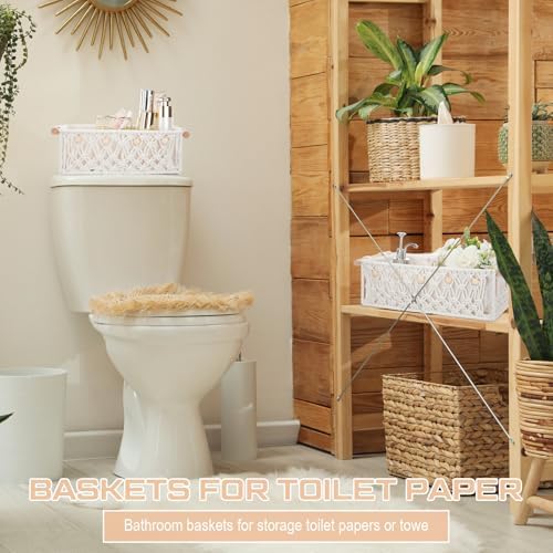 Vesici 4 Pcs Boho Macrame Baskets Shelves 13" 11" White Wood Handles - Image 6