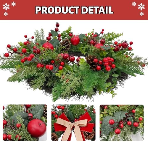 24 Inch Outdoor Christmas Wreath with Red Bow & Storage Bag – Red Berry, Apple & Pine Winter Wreaths for Front Door – Perfect Easy Storage for Year-Round Use - Image 3