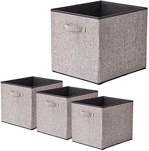 Foldable Storage Bin [set of 4] Fabric Organizer Container Cube Basket with Handles, 13 x 15 x 13 inch (Gray) by BeigeSwan