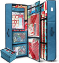 Hearth & Harbor Wrapping Paper Storage Container with Ribbon Dispenser and Interior Pockets - Large Christmas Storage Containers with Wheels, Fits 30 Rolls of 40" Length, Blue by HearthHarbor
