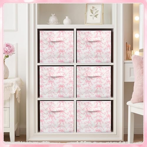 Geelin 6 Pcs Pink Floral Bow Cube Storage Bins 11 in Basket with Handle - Image 6