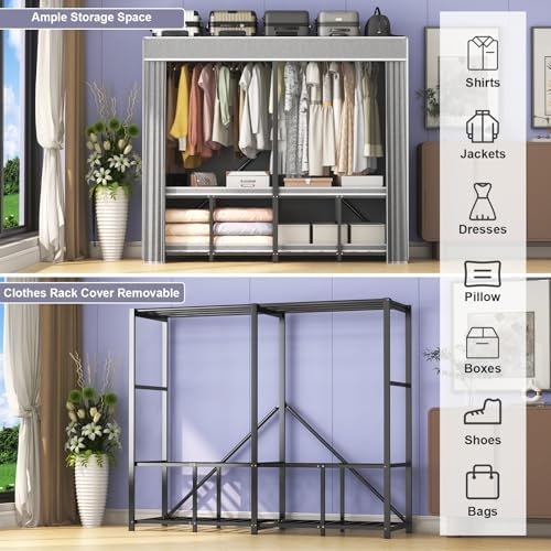 95% Assembled Heavy Duty Garmen Clothes Rack, 59" Lx68 H Freestanding Flodable Strong Portable Clothing Rracks with Cover,Black - Image 4