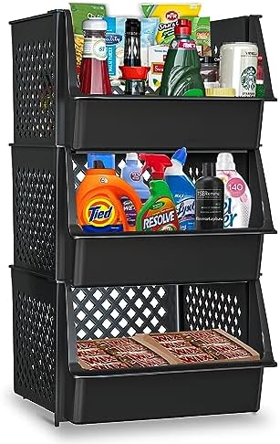 XLarge Stackable Storage Bins Open Front for Pantry Storage, 3 Pack - Black by Skywin