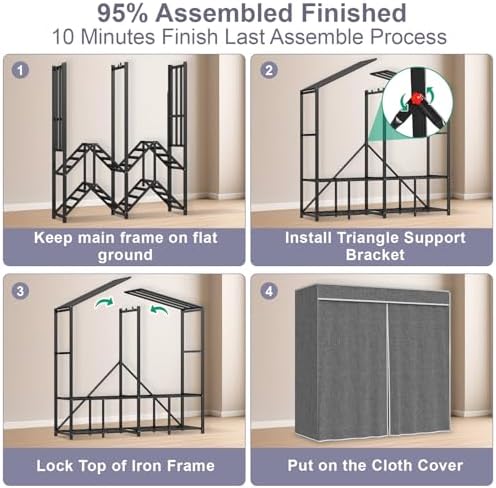 95% Assembled Heavy Duty Garmen Clothes Rack, 59" Lx68 H Freestanding Flodable Strong Portable Clothing Rracks with Cover,Black - Image 6
