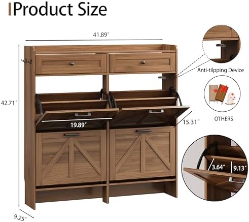 Shoe Cabinet with 4 Flip Drawers & 2 Top Drawers, 43" Tall Freestanding Narrow Wooden Shoe Storage Organizer for Entryway, Hidden Slim Shoe Rack for Front Door Entrance, Hallway, Living Room, Walnut - Image 2
