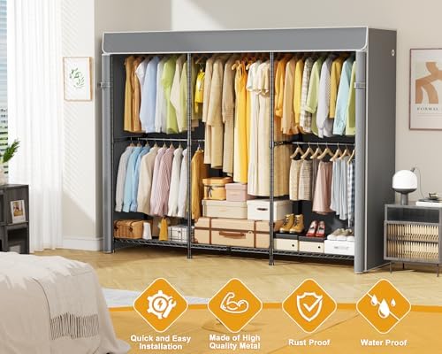 ULIFHOME E14C Pro Heavy Duty Closet Organizer System，Freestanding Clothing Racks for Hanging Clothes，Adjustable Garment Rack 69" W × 16" D × 77" H Hold 960 lbs，Black Rack with Grey Dustproof Cover - Image 4