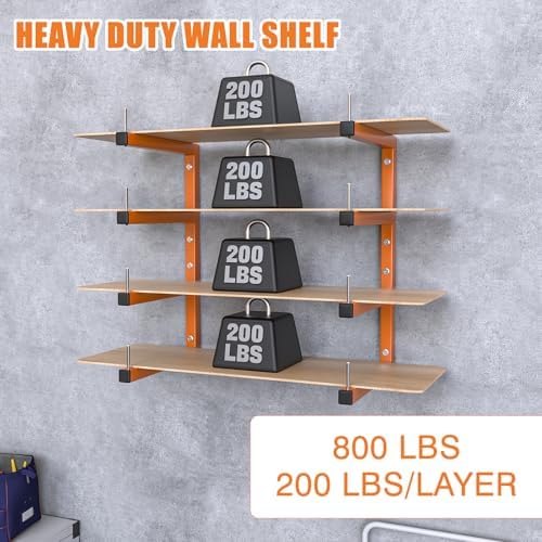 2-Pack Lumber Storage Rack, Wood Storage Racks Wall Mount, Heavy Duty Garage Wood Organizer With 4-Level System, Orange Utility Rack Organization Up 800 Lbs, Metal Lumber Shelf for Indoor and Outdoor - Image 4