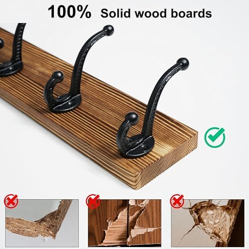 WEBI Rustic Coat Rack Wall Mount,24" Long 6 Cast Iron Coat Hooks Wall Mounted,Heavy Duty Wood Wall Coat Hanger Hooks for Hanging Coats,Jacket,Clothes,Backpack,Farmhouse,Brown,2 Packs - Image 4