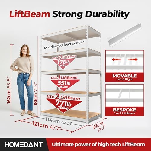 HOMEDANT 47.7" W Deep 5 Tier Heavy Duty Garage Shelving Adjustable Metal Rack Storage Shelves Standing Shelf Unit Organizers Industrial Warehouse Basement White 2Pack - Image 2
