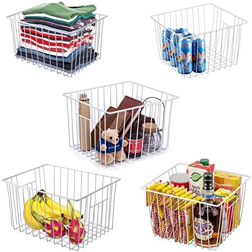 Slideep 11'' Farmhouse Freezer Food Storage Organizer Baskets Modern Refrigerator Metal Wire Basket Bin with Built-in Handles for Kitchen, Pantry, Bathroom, Cabinets, White -Set of 6 - Image 2