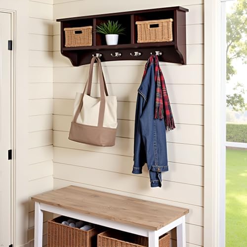 Alaterre Furniture Shaker Cottage Wall-Mounted Coat Rack with 3 Storage Cubbies and 4 Hooks – Space-Saving Storage Rack and Wall Shelf Organizer for Entryway, Hallway, or Mudroom (Espresso Finish) - Image 2