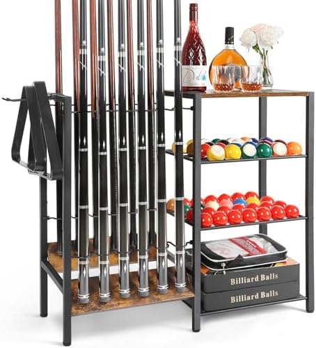 Pool Stick Holder Rack Stand for 12 Cue Sticks -Large Billiards Game Room Storage with Organizer for Balls, Triangle,Pool Table Accessories - Heavy Duty Cue Stick Holder Floor Stand for Home or Bar by Olakee