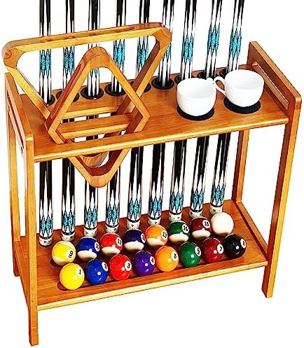 Pool Stick Holder Floor Stand Holds 9 Cues & Pool Table Accessories. Wooden 2-Tier Cue Stick Storage with Ball Rack Hangers, Billiard Cone Chalk Holder or Drink Pads - Image 4