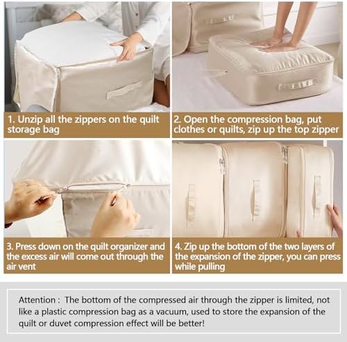 4 Pack Space Saving Comforter Storage Bag with Handle, 3-Layer Compression Blanket Storage Bags Adjustable In 3 Sizes (142L, 107L, 71L), Washable Bedding Organizer For Pillow Duvet Clothing Plush Toy - Image 6