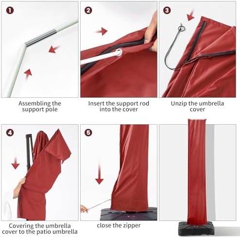 Cantilever Patio Umbrella Cover with Zipper and Pole, Red - Image 6