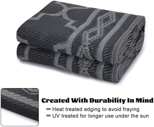 Reversible Mat 8x10 Plastic Straw Rug Outdoor Moroccan Trellis Area Rug Waterproof Patio Rug Outdoor Camping Rug for RV Porch Deck Camper Balcony Backyard Easy Cleaning Picnic Mat Black Grey - Image 4