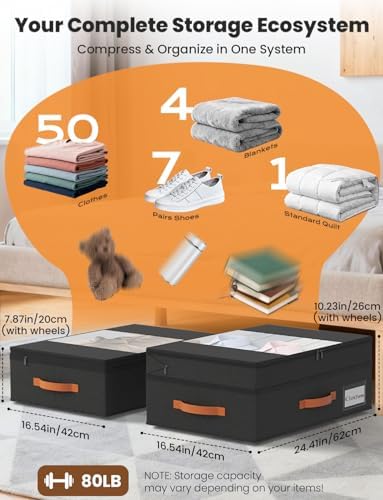 TOSKING 2-Pack Under Bed Storage Drawers with Wheels, 6 Vacuum Bags, Adjustable Height 7.9-10.2", 63L/80 lbs Clear Lid Rolling Bin, 900D Oxford, Space Saver for Dorm Bedroom Clothes Shoes, Black - Image 4