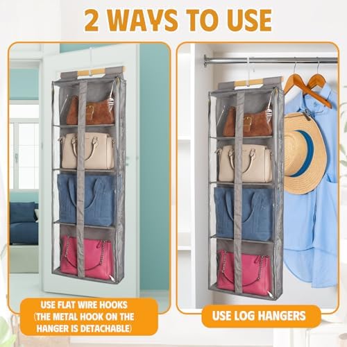 Silkfly 2 Pack Hanging Purse Organizer with Zipper for Closet Handbag Storage PVC Mesh Shelves with 4 Pockets for Bedroom Door Wardrobe Shelf Rack Space Saving(Brown) - Image 4