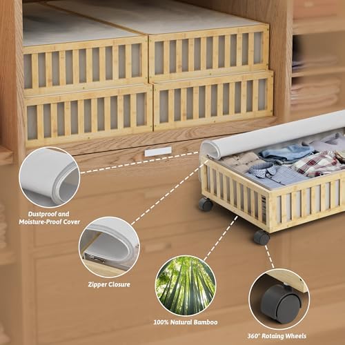 2 Pack Large Bamboo Under Bed Storage Containers with Wheels, Nature - Image 2