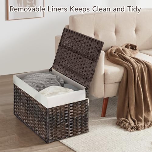 180L Wicker Storage Basket with Lid, Handwoven Rattan Large Shelf Basket with Removable Liner, 47.6 Gallon Wicker Basket for Blanket, Storage Trunk with Handle for Closet, Bedroom, Livingroom, Brown - Image 2