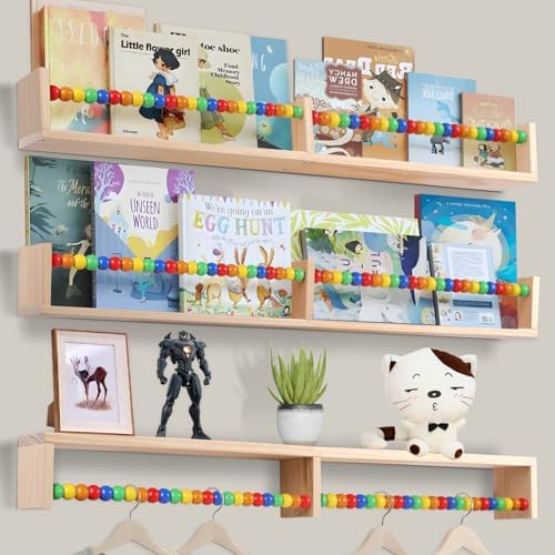 birola Nursery Book Shelves Set of 3,Wood Floating Book Shelves for Wall,Wall Book Shelf for Kids，Bathroom Decor, Kitchen Spice Rack (Five-Color Beads) - Image 2
