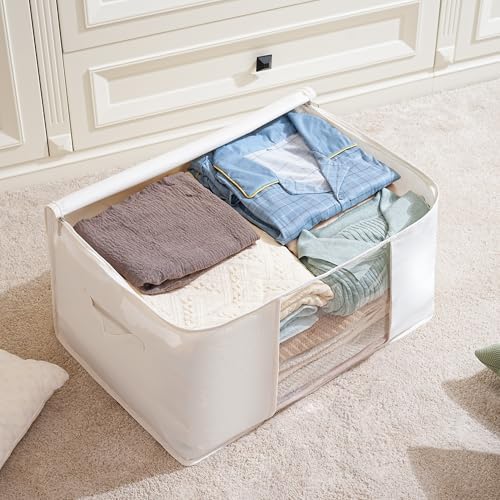 TYEERS Large Storage Bags with Zipper and Clear Window, Cotton Blended Fabric Storage Containers for Seasonal Clothes and Bedding, 23.6x15.7x13.8 Inches, 8-Pack, Beige - Image 3