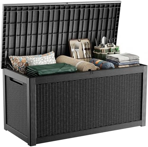 Outdoor Waterproof Resin Storage Deck Box Lockable Outside Bench UV Resistant Bin Patio Porch Furniture Pool Float Garden Tool Cushion (Black, 320 Gallon) by MAIUSCOLI