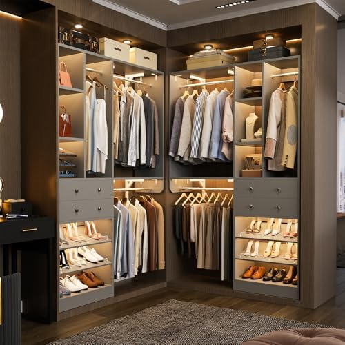 [10 FT Closet System] 120 Inch Reversible Set of 2 Wood Closet Organizer System with 4 Drawers, 6 Hanging Rods Adjustable Shelf, Shoe Rack, Morandi Grey - Image 2