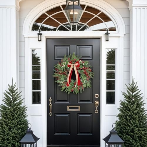 Front-Door Christmas Wreaths with Bow: 24 Inch Red Berry Pine Wreath Comes with Storage Bag - Durable Outdoor Winter Wreath Creating Warm Xmas Vibes - Easy Storage & Gifts Ready Instantly - Image 2