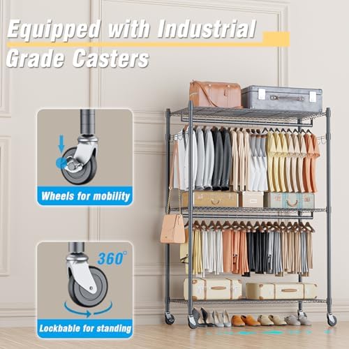 Homdox Heavy Duty Rolling Clothing Rack, Adjustable Garment Rack with 3 Tier Storage Shelves, Freestanding Closet Wardrobe for Hanging Clothes with Side Hooks, Gray - Image 4