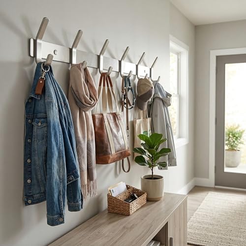 Coat Rack Wall Mount – Brushed Nickel 17 Inch Stainless Steel Hook Rail with 6 Heavy Duty Double Coat Hooks – Wall Mounted Coat Hanger for Entryway, Bathroom, Bedroom, Towel, Hat Organizer - 6 Pack - Image 5