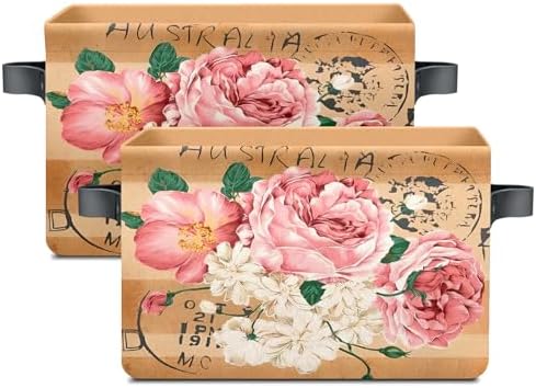 Vintage Rose Floral Foldable Baskets Storage Bins with Handles, Decorative Cloth Organizer Storage Boxes 2 sets - Image 2