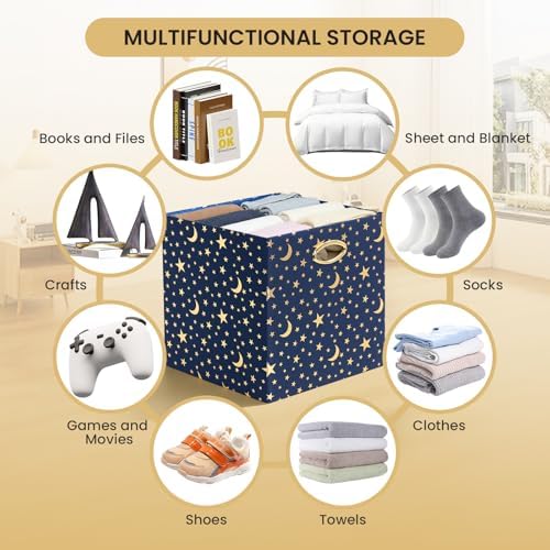 Posprica 13x13x13 Storage Cube Bins, Collapsible Storage Bins Fabric Storage Cubes Organizer Baskets Box Drawers for Shelves, Closet, Wardrobe, Bookshelf, Cabinet, Blue-Moonstar, 4 Pack - Image 5