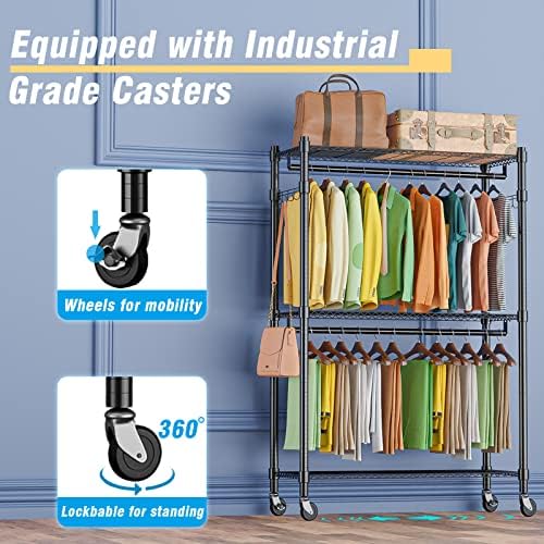 Homdox Double Rod Closet 3 Shelves Wire Shelving Clothing Rolling Rack Heavy Duty Garment Rack with Wheels and Side Hooks - Image 5