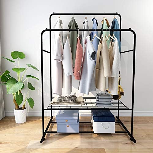 Double Rail Clothes Rack Metal Garment Rack with 2-Tier Bottom Shelves Portable Space-Saving Hanger Hanging, Black - Image 2