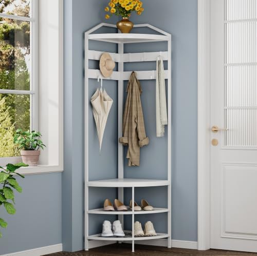GiftGo Corner Hall Tree with Shoe Bench Entryway Coat Rack with 10 Metal Movable Hooks Freestanding Clothes Rack Shoes Shelf Organizer for Home Office Bedroom (White) by GiftGoDirect