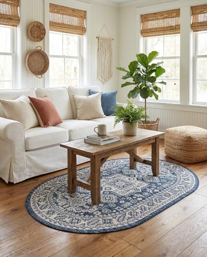 Rugs.com - Outdoor Aztec Rug – 3' 1 x 5' 3 Oval Blue Indoor/Outdoor Rug – Durable Flatweave for Patios, Decks, and Porches - Image 4