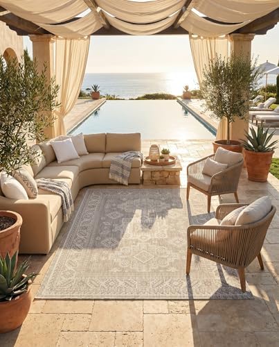 Rugs.com - Outdoor Aztec Rug – 5' 3 x 7' 1 Light Gray Indoor/Outdoor Rug – Washable, Stain-Resistant for Patios, Decks, and Porches - Image 4