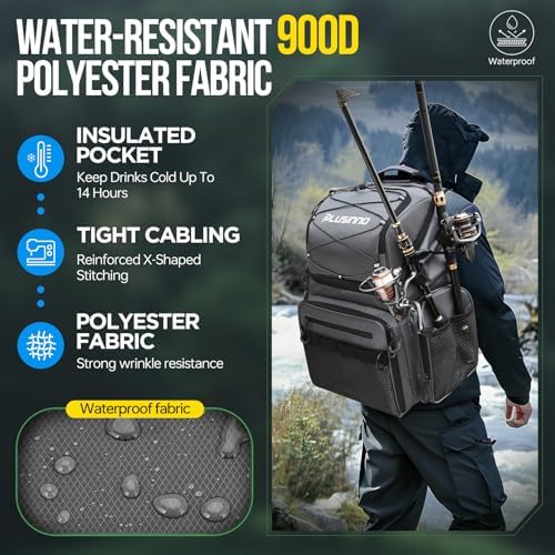 PLUSINNO Cooler Fishing Backpack with Rod Holders 45L Large Water-resistant Fishing Tackle bag Store Fishing Gear Fishing Gifts for Men Father - Image 5